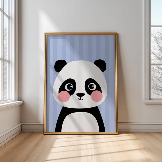 Panda Print Cute Animal Wall Art Red And Blue Nursery Poster Kids Room Decor Illustration Playroom