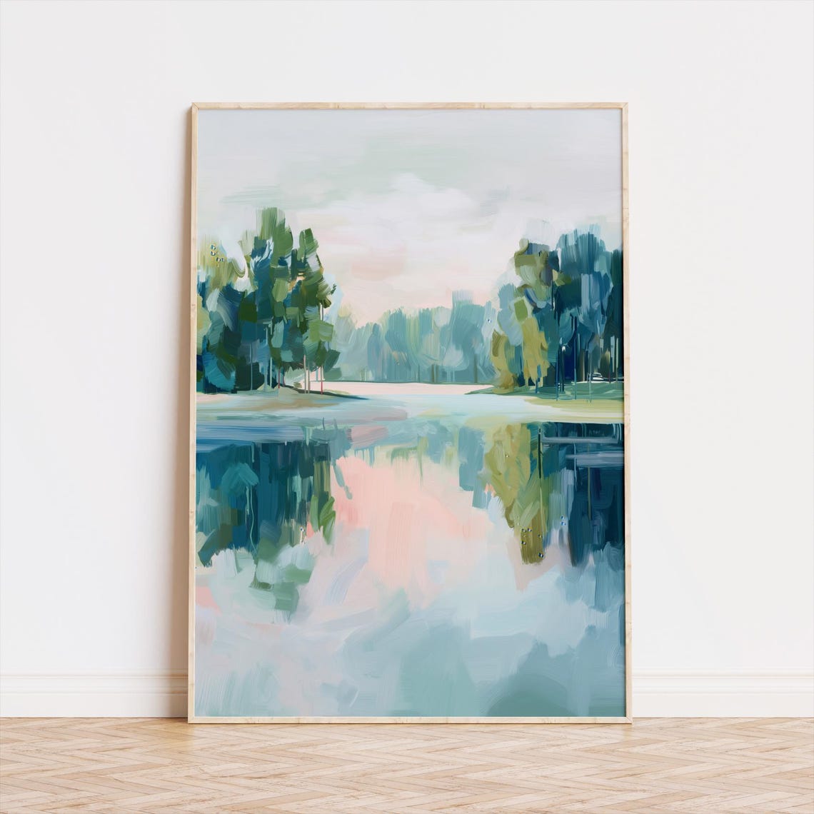 Calm Pastel Lake Landscape Painting with Trees and Reflection Poster