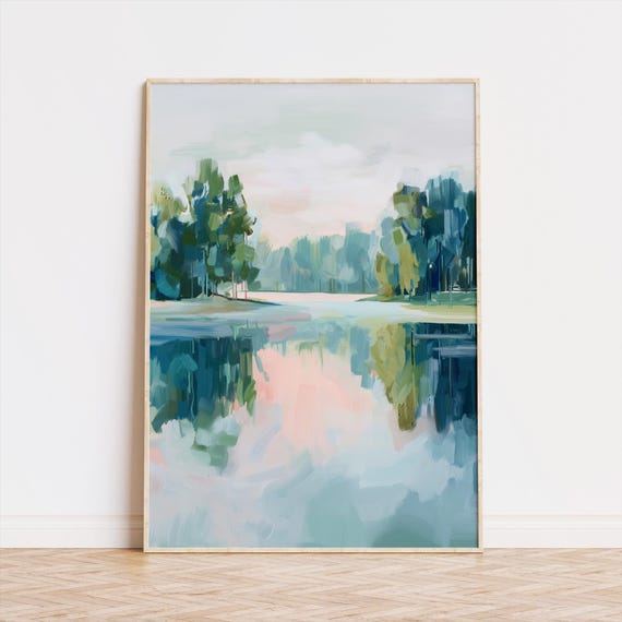 Calm Lake Wall Art Pastel Landscape Painting Blue Green Decor Tranquil Nature Print Serene Reflection Canvas