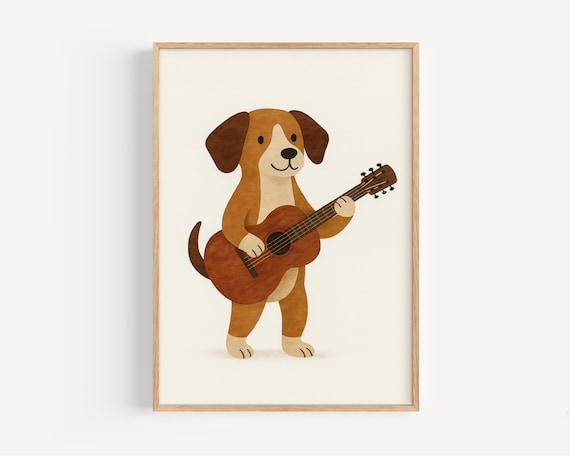 Happy Dog Playing Acoustic Guitar Cute Nursery Music Room Poster