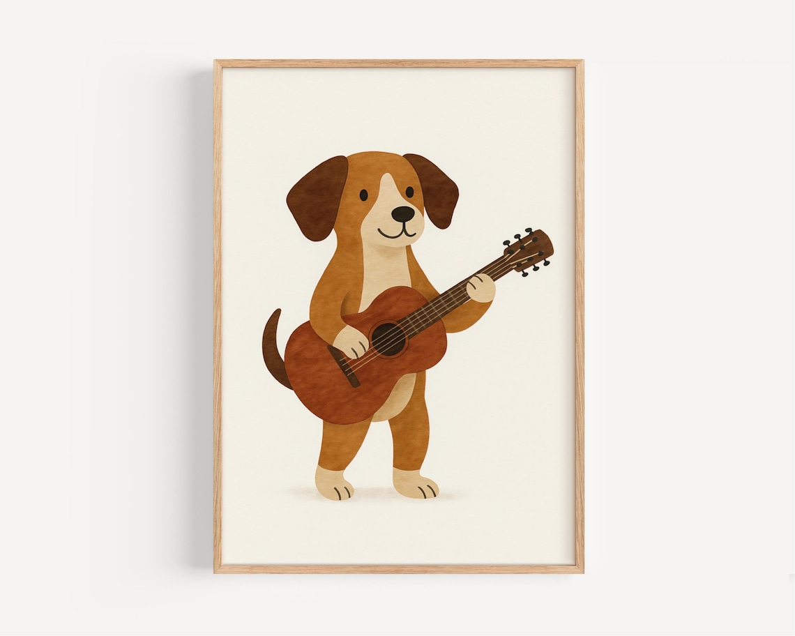 Happy Dog Playing Acoustic Guitar Cute Nursery Music Room Poster