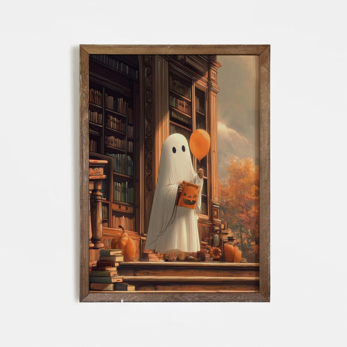 Library Print Halloween Wall Art With Pumpkin Balloon Autumn Books Illustration Vintage Haunted House Decor