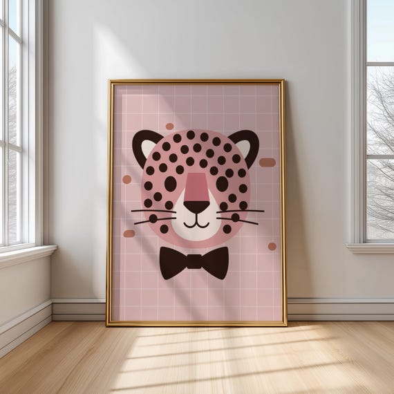 Pink Leopard Wall Art Cute Animal Poster For Nursery Or Kids Room Modern Cheetah Face With Bow Tie