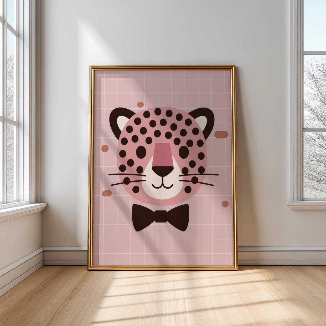 Cute Pink Leopard Face With Black Bow Tie Kids Room Nursery Poster