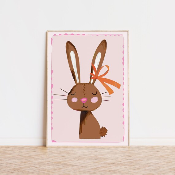 Adorable Bunny Ribbon Poster Nursery Wall Art Kids Room Decor Geometric Illustration