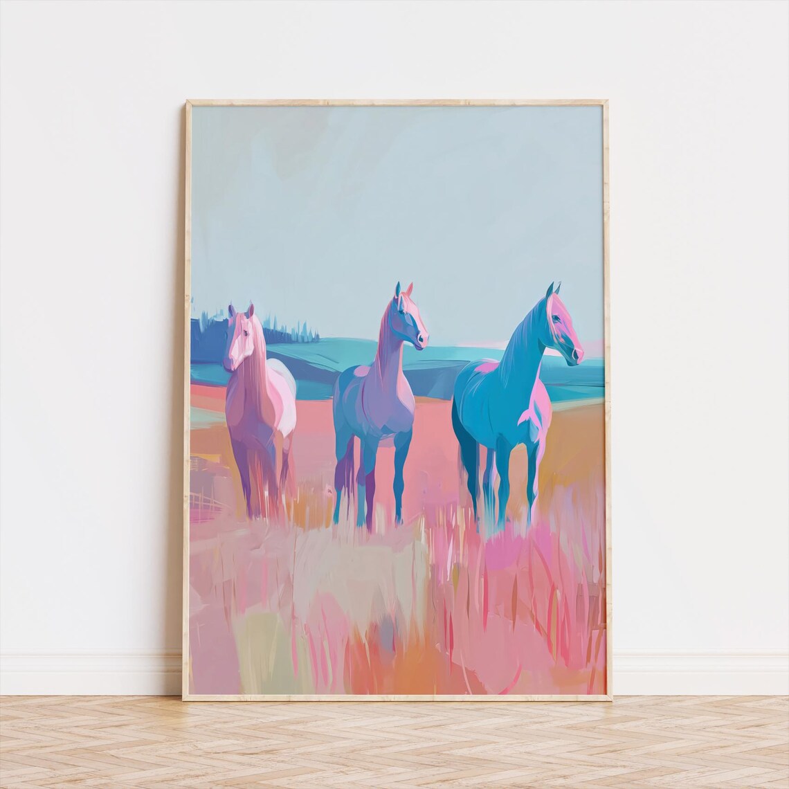 Three Colorful Horses Poster Modern Pastel Equestrian Field Painting Art
