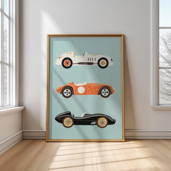 Three Vintage Race Cars White Orange Black Kids Room Wall Poster