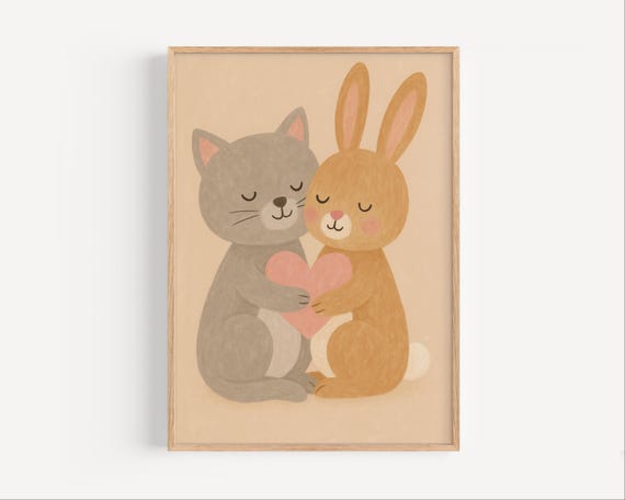 Bunny And Cat Nursery Print Cute Animal Friendship Art Baby Room Wall Decor Love Poster Kids