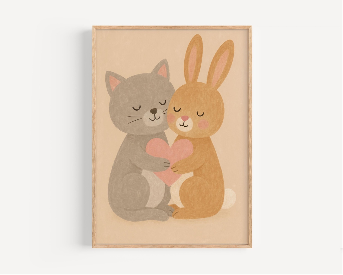 Cute Cat And Bunny Hugging A Heart Nursery Animal Friends Poster