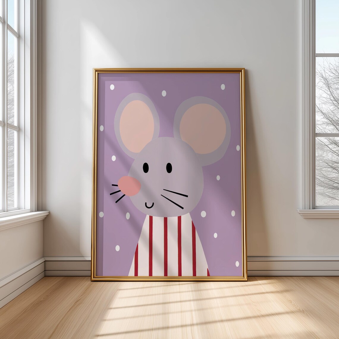 Cute Mouse Wall Art Grey In Striped Shirt Nursery Animal Poster For Kids Room Decor