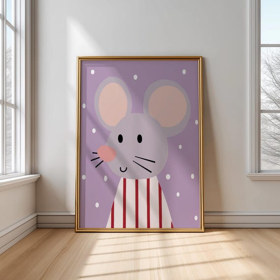 Cute Mouse Wall Art Grey In Striped Shirt Nursery Animal Poster For Kids Room Decor