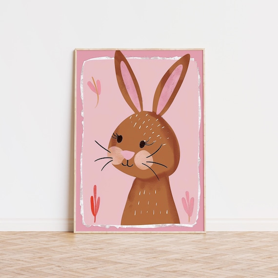 Cute Smiling Brown Bunny on Pink Background Kids Room Nursery Poster