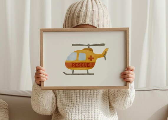 Rescue Helicopter Poster Watercolor Nursery Wall Art Boys Room Decor Emergency Vehicle Print Kids Transport