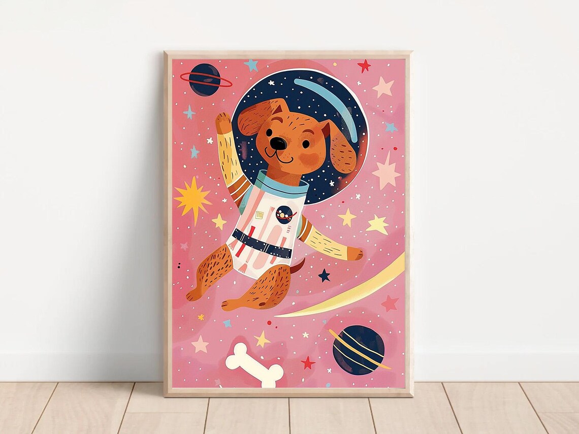 Astronaut Dog in Space Pink Kids Illustration Planets Stars Nursery Poster