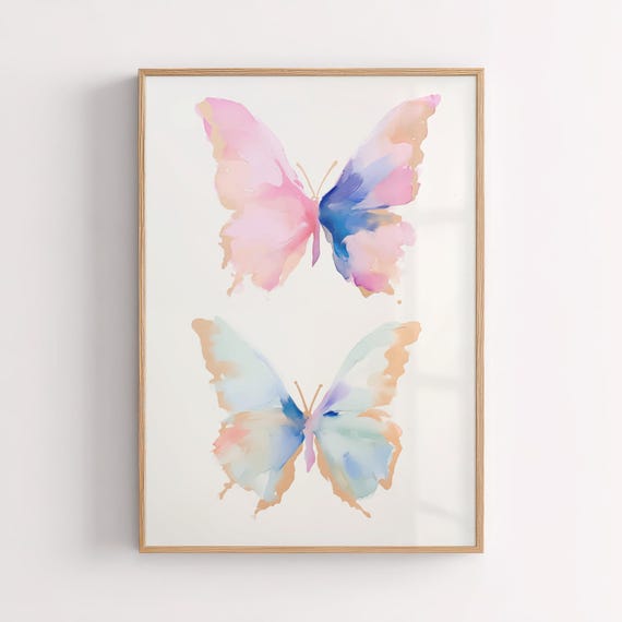 Two Pastel Butterflies Painting Colorful Abstract Insect Wall Art Print Animal Watercolor Tween Girls Room