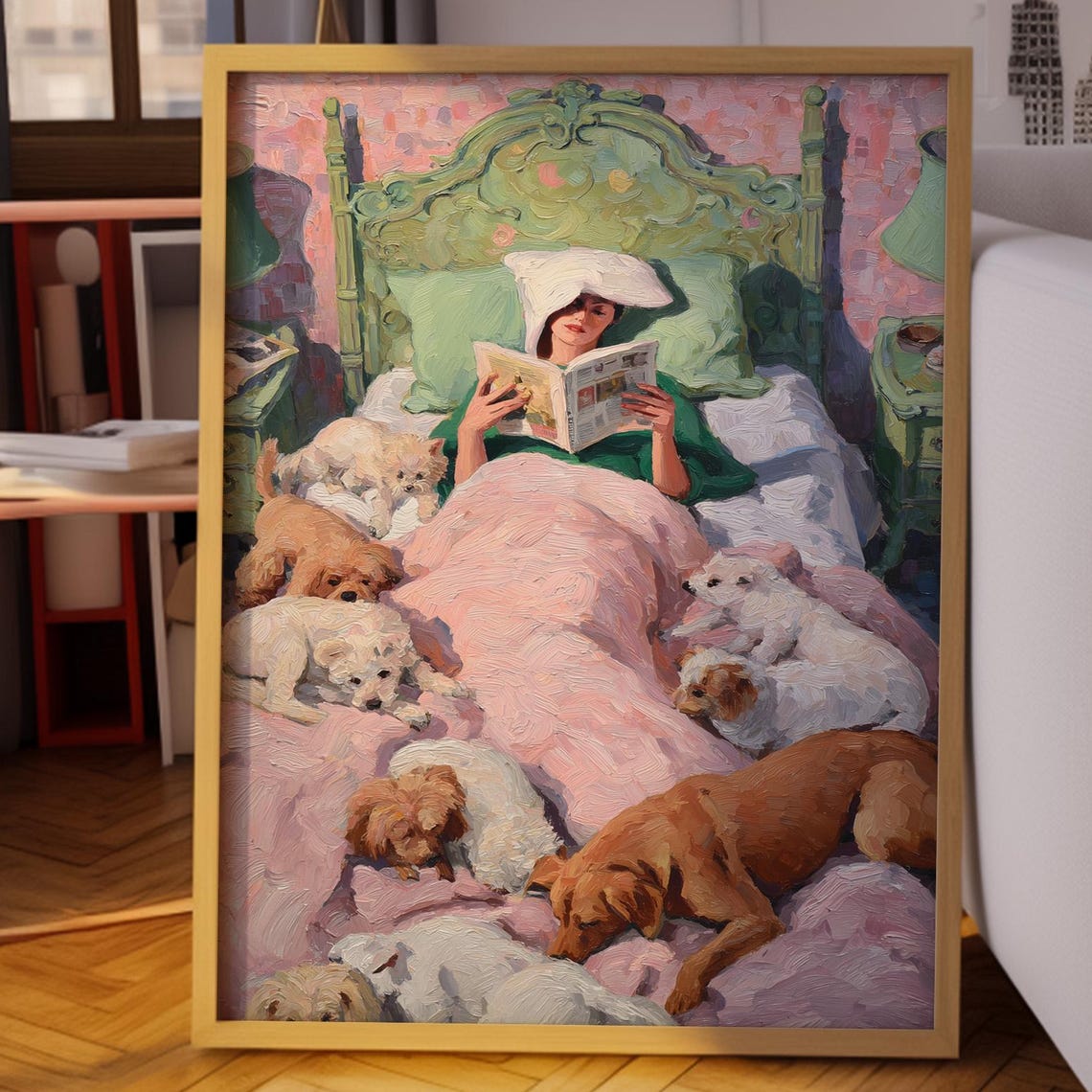 Woman Reading Newspaper in Bed Surrounded by Cute Puppies Poster