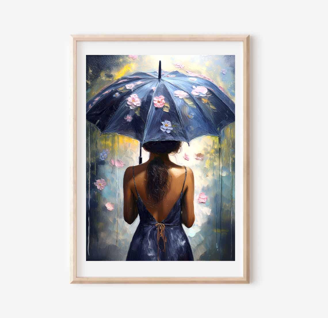 Woman With Dark Floral Umbrella Under Warm Golden Light Poster