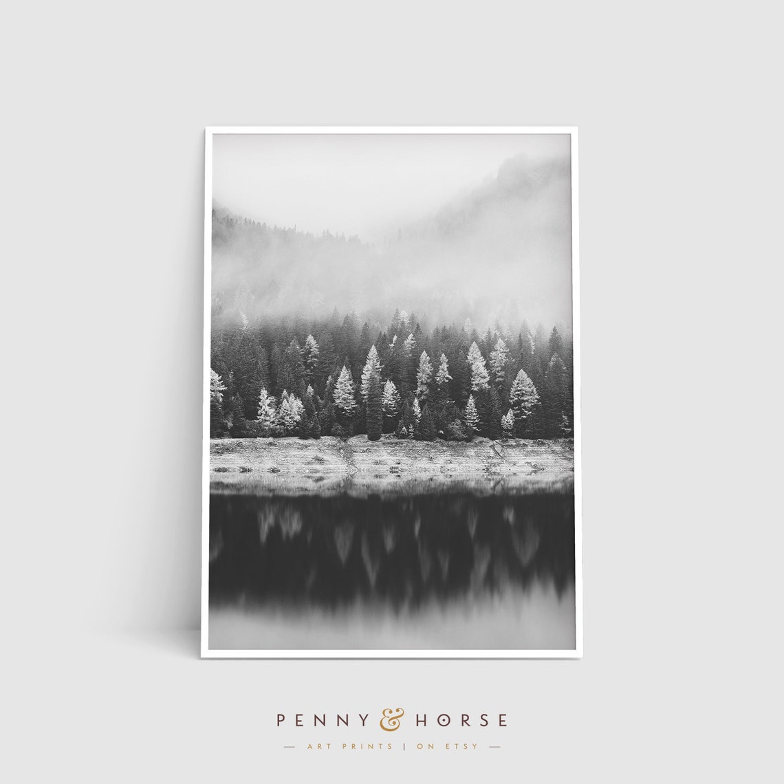 Misty Forest Lake Reflection Black And White Nature Photo Poster