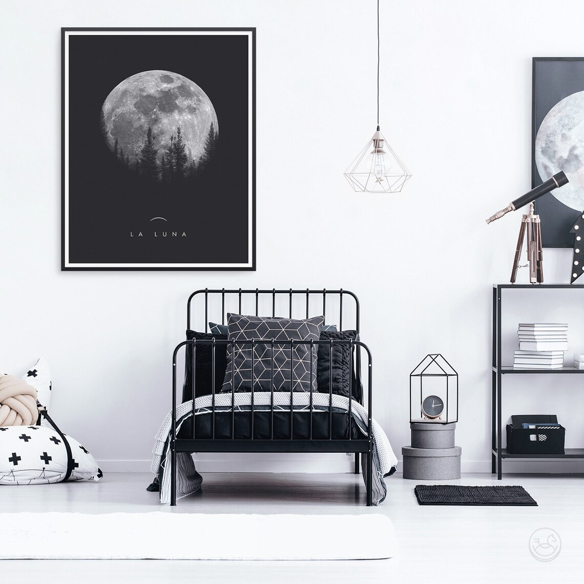 La Luna Full Moon Over Pine Forest Black and White Minimalist Art Poster - Image 3