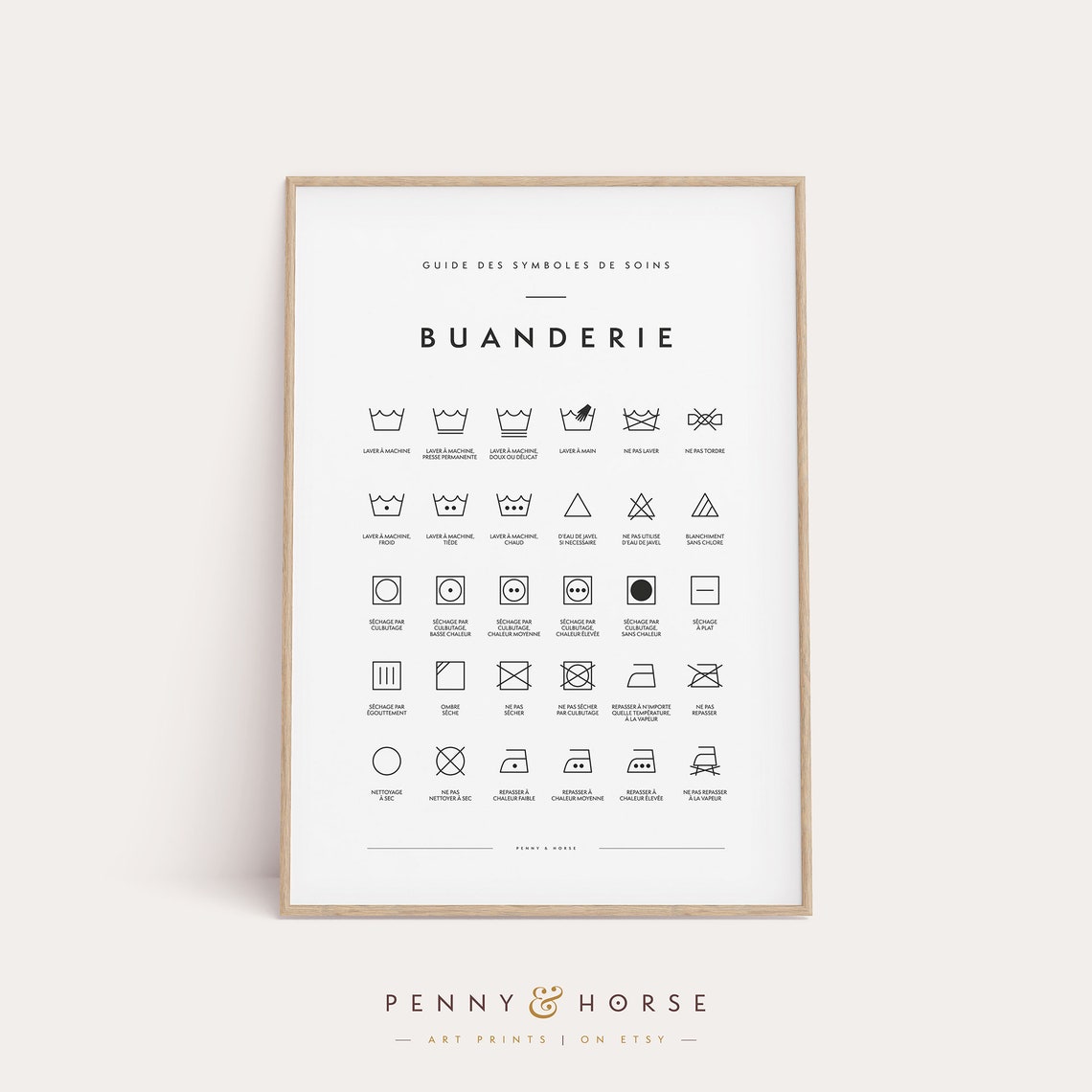French Buanderie Laundry Symbols Chart Elegant Black White Wall Poster