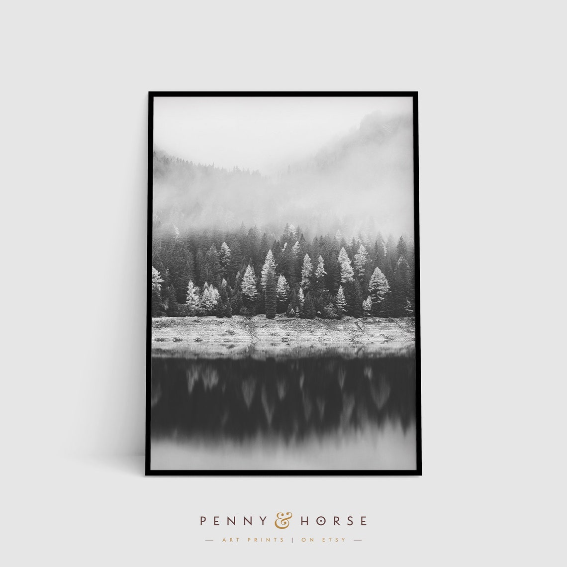 Misty Forest Lake Reflection Black And White Nature Photo Poster - Image 4