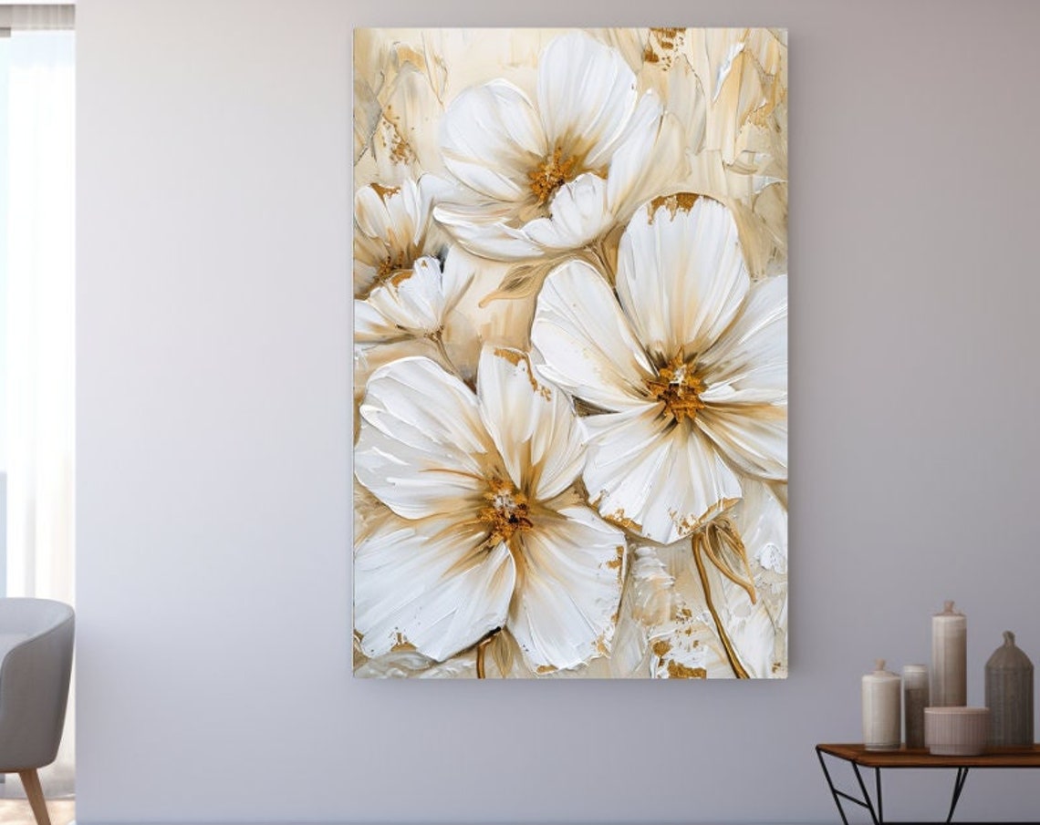 White Blossom Impasto Floral Gold Accent Botanical Wall Art Poster