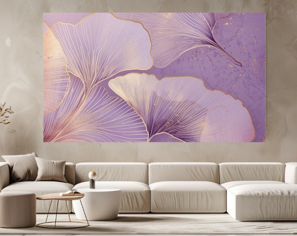 Purple Ginkgo Leaves Gold Line Art Modern Botanical Wall Art Poster