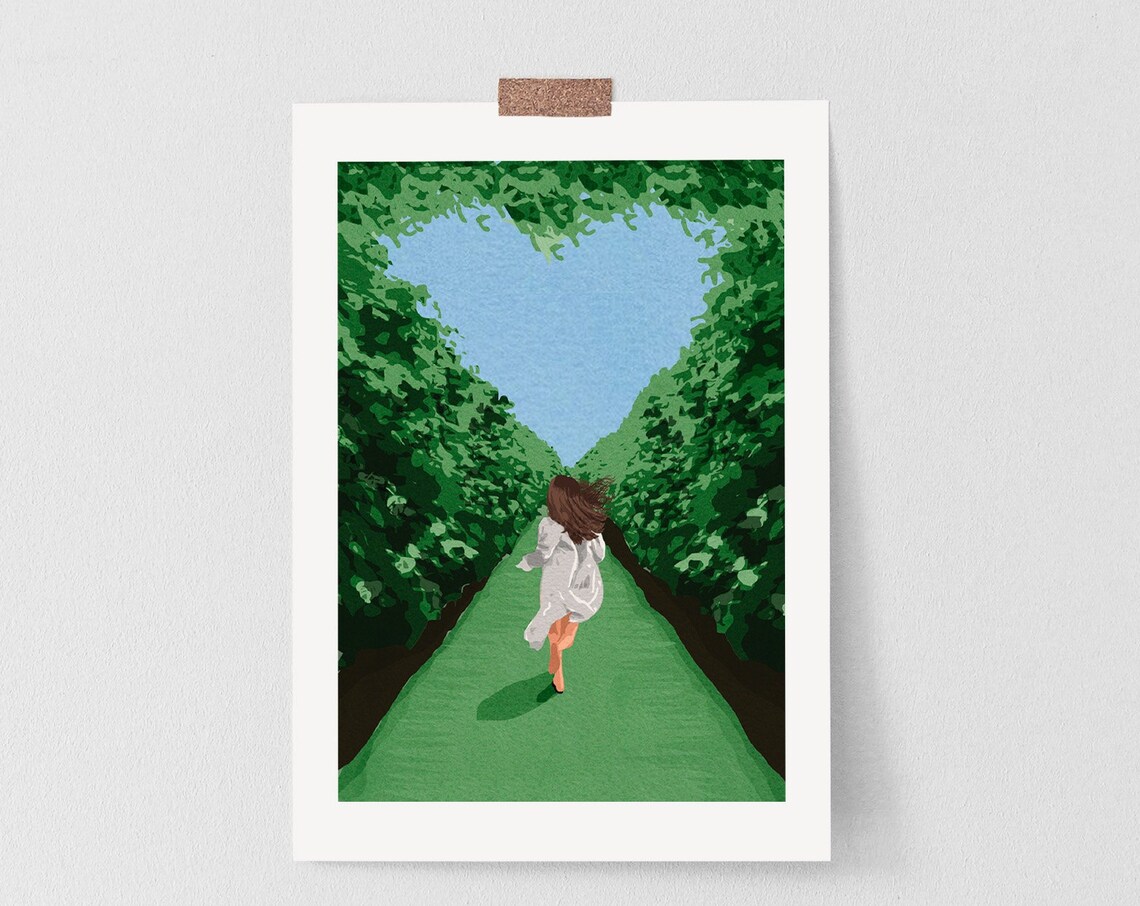 Girl Running Through Green Maze Toward Heart Shaped Sky Love Poster