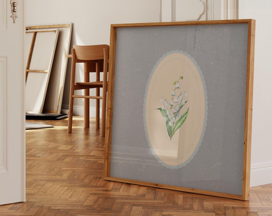 Lily of the Valley Oval Cameo Botanical Poster on Dusty Blue