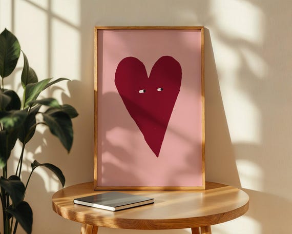 Love Heart Print Red Dusty Pink Vintage Style Painted Wall Art Trendy Home Decor Cute Bedroom With Eyes