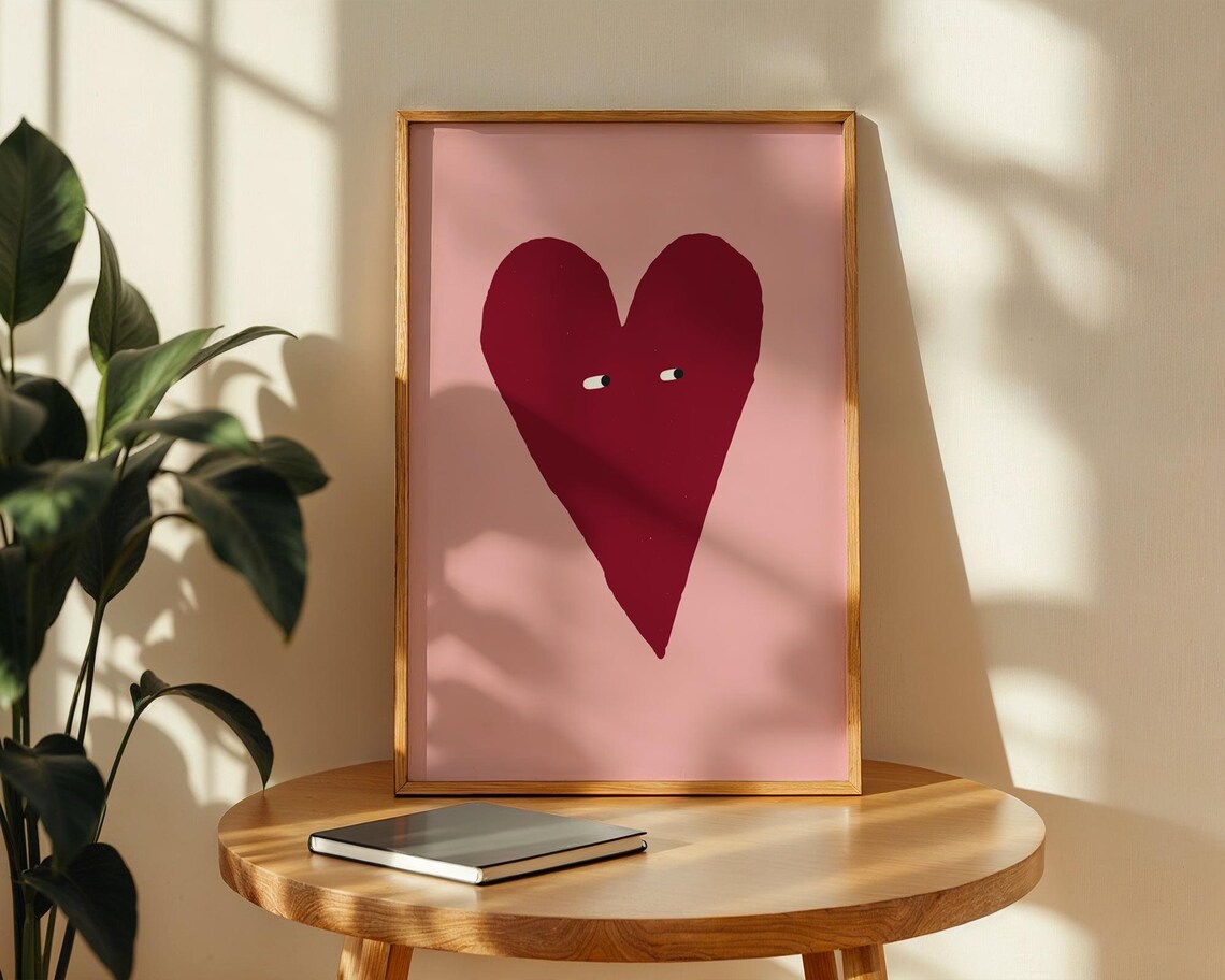 Red Heart With Eyes On Dusty Pink Vintage Hand Painted Love Poster