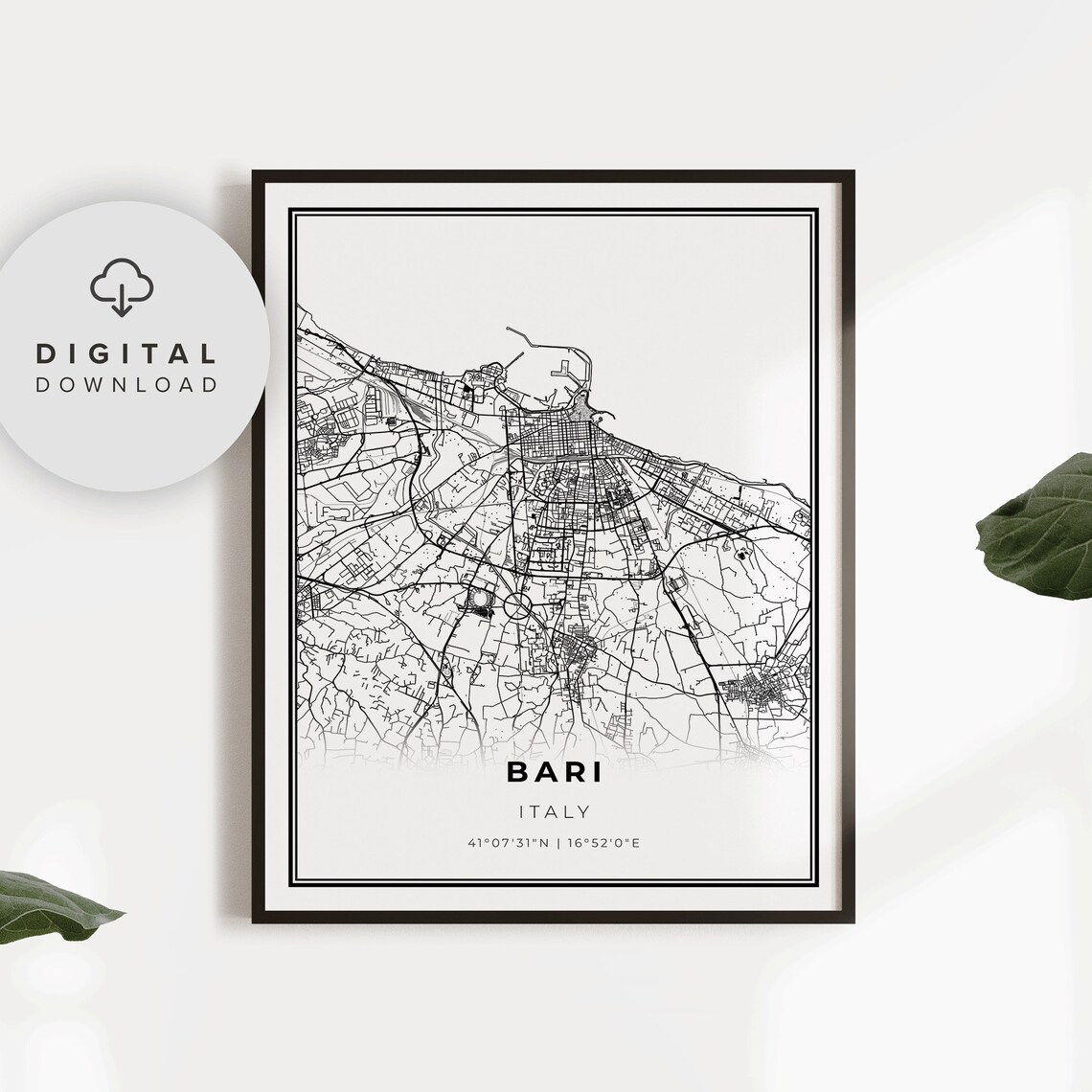 Bari Italy City Street Map Minimalist Black and White Travel Poster