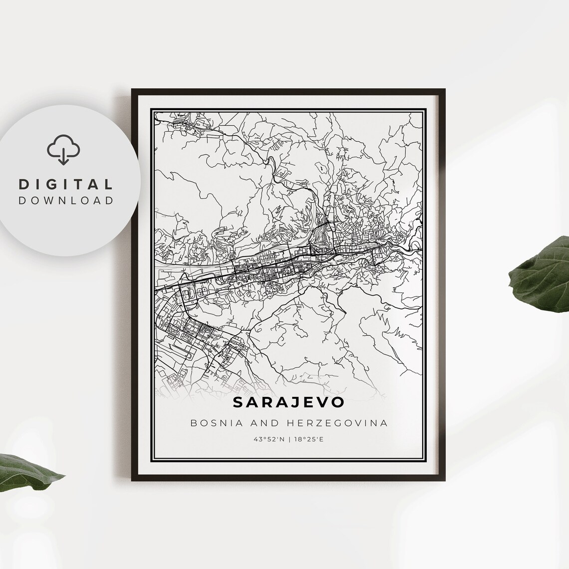 Sarajevo Bosnia And Herzegovina Black White Street Map Art Poster