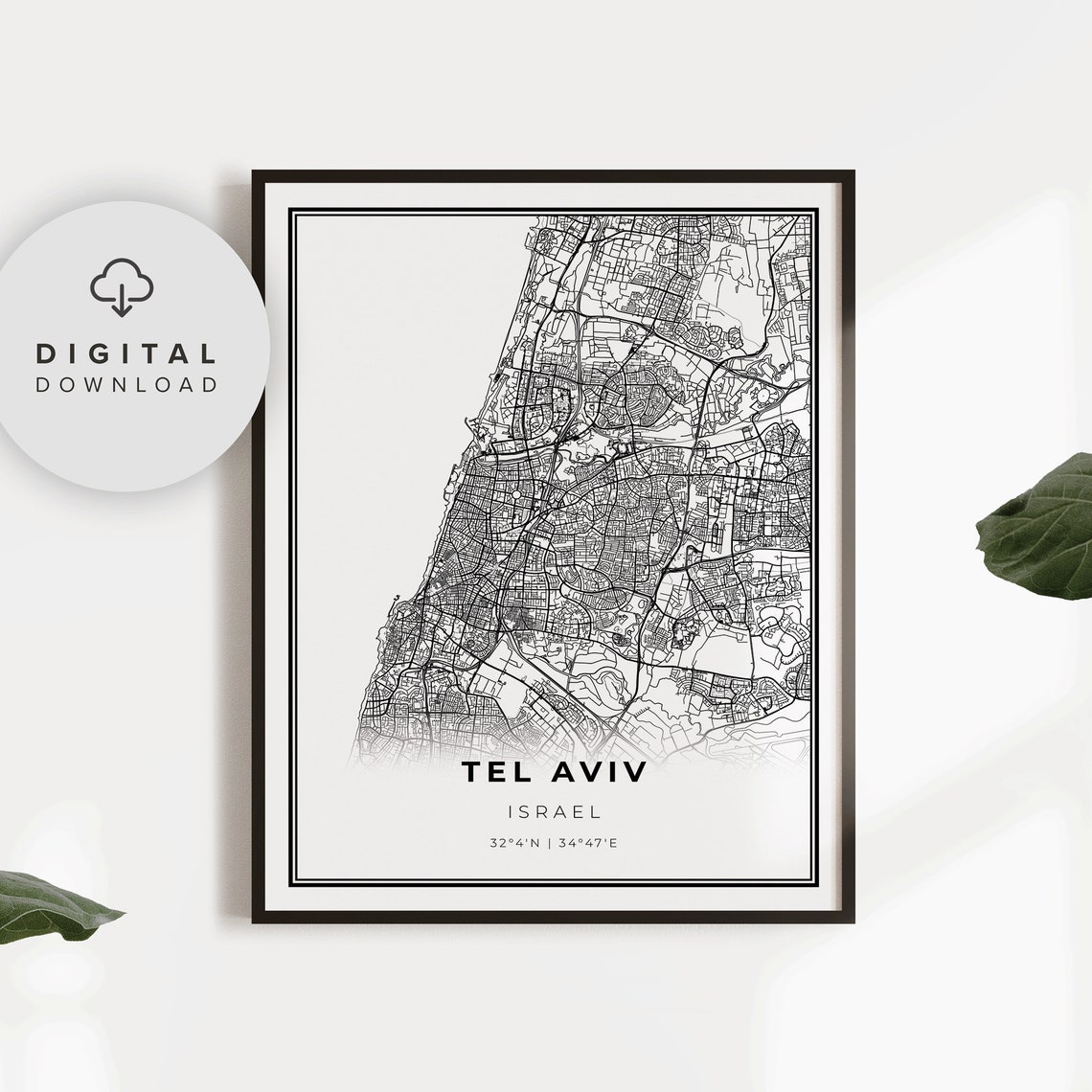 Tel Aviv Israel City Street Map Minimalist Black Road Map Poster