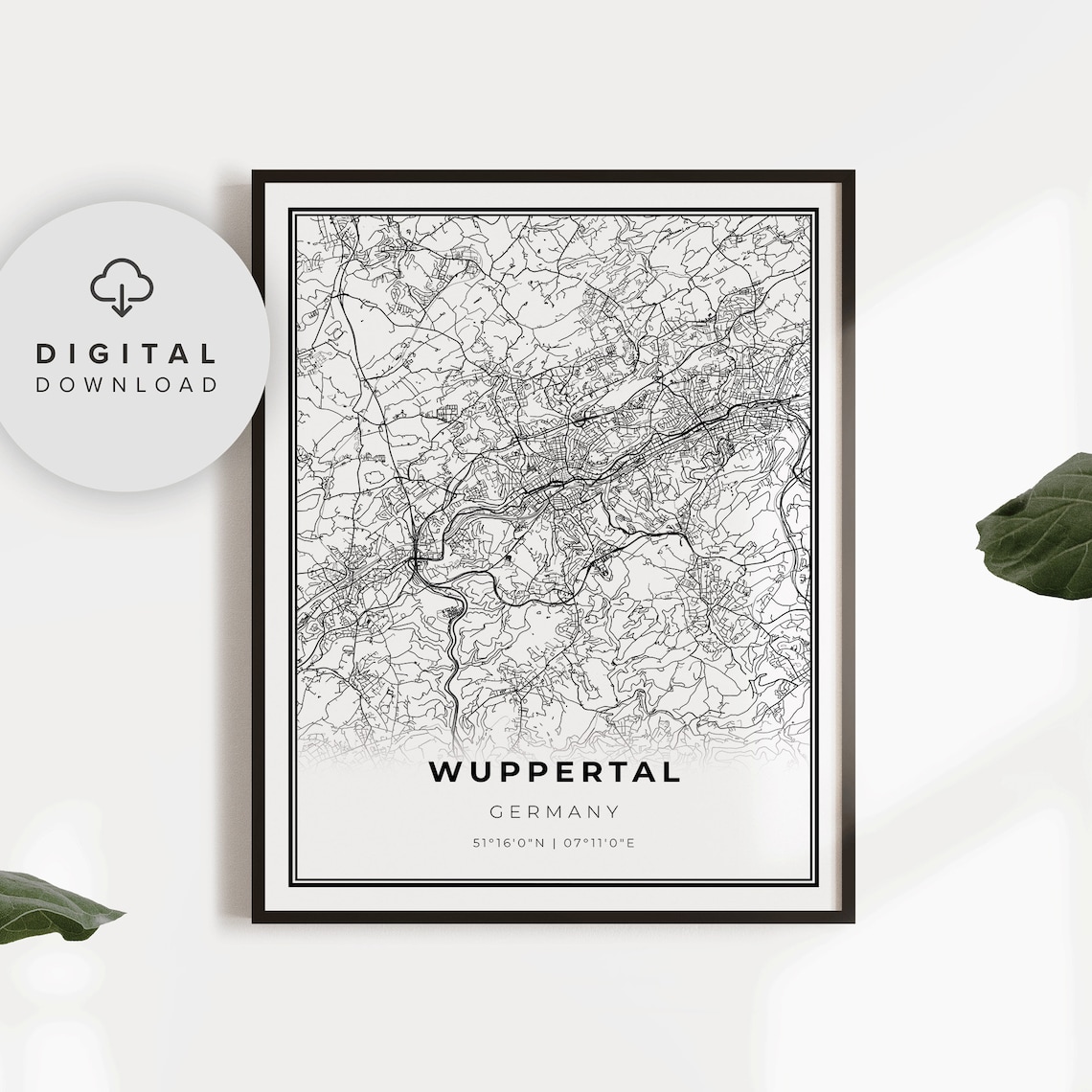 Wuppertal Germany Minimalist Black and White City Map Line Poster