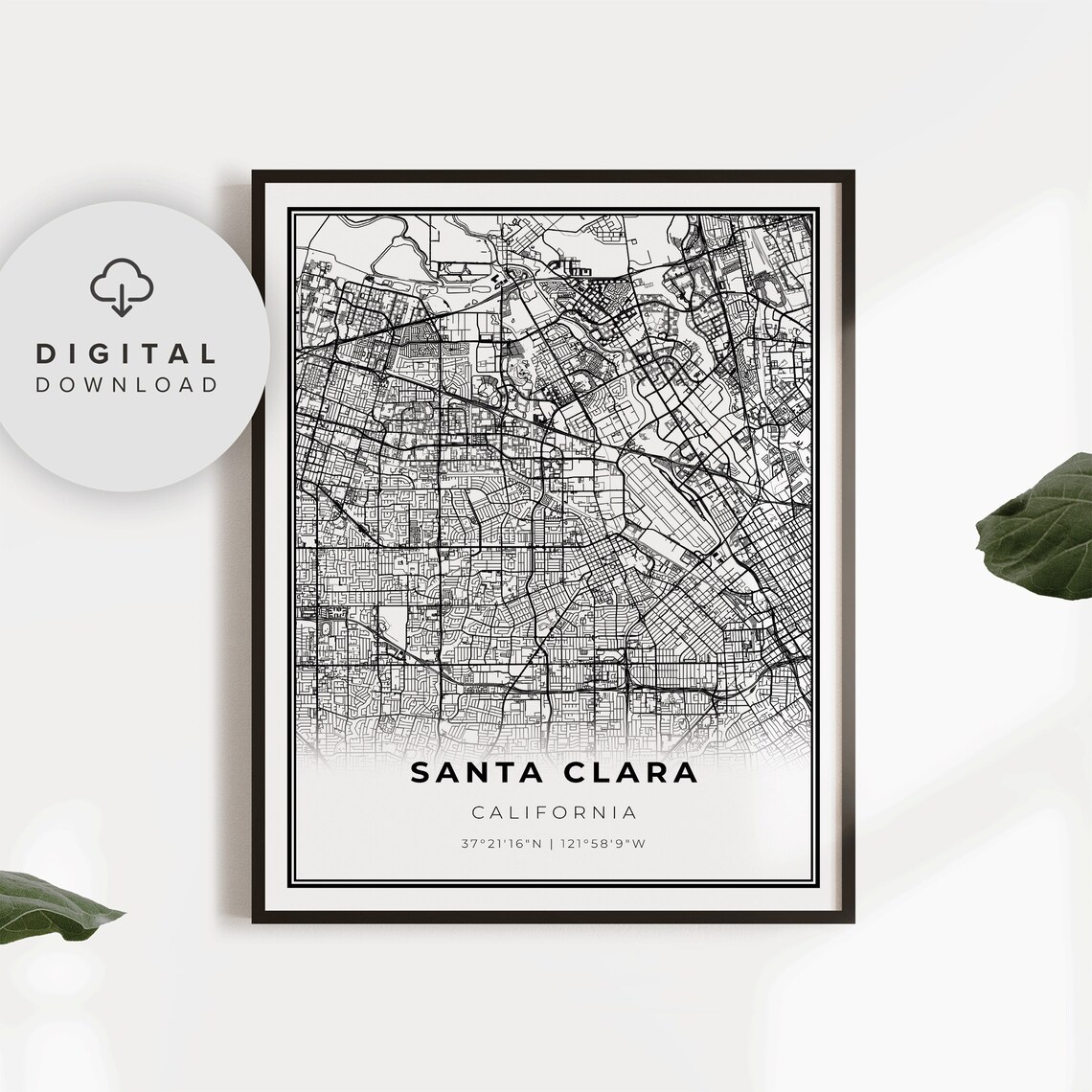 Santa Clara California City Street Map Minimalist Art Poster