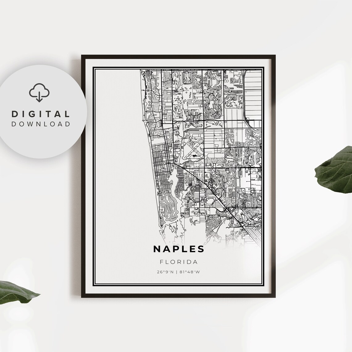 Naples Florida Minimalist Black White Street Map Travel Poster