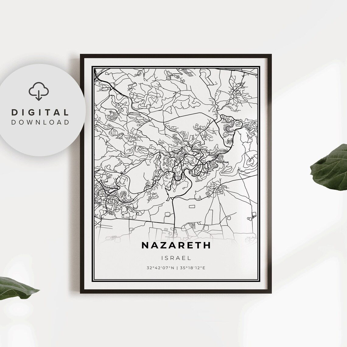 Nazareth Israel City Street Map Minimalist Black and White Poster