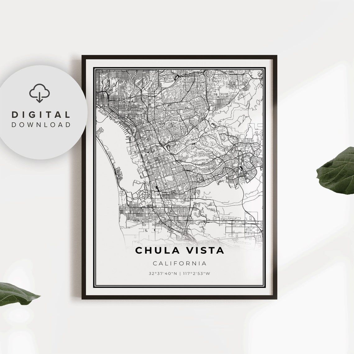 Chula Vista California Minimalist Black White Street Map Poster
