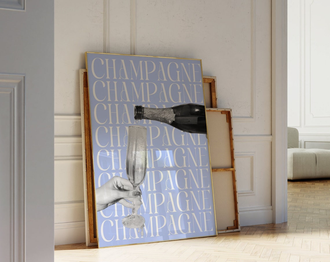 Blue Champagne Typography Quote Chic Coastal Bar Cart Wall Art - Image 3