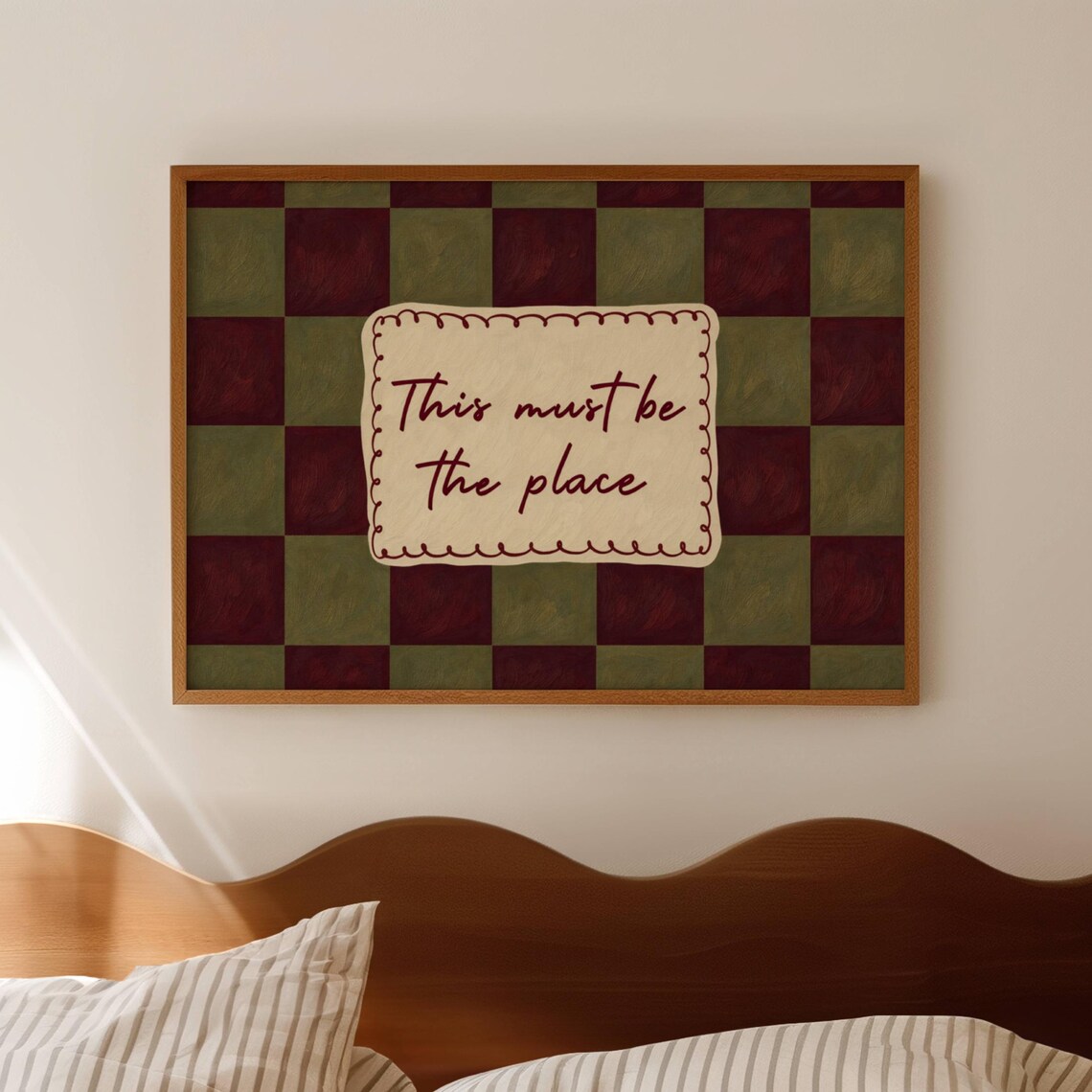 This Must Be The Place Khaki Burgundy Checkered Cozy Quote Wall Art
