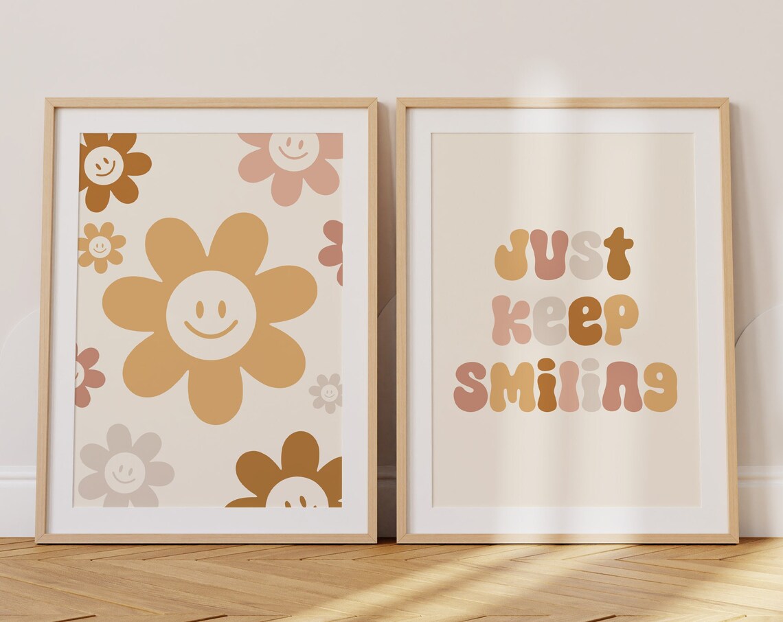 Retro Daisy Smiley Face Just Keep Smiling Girls Poster Set Of Two