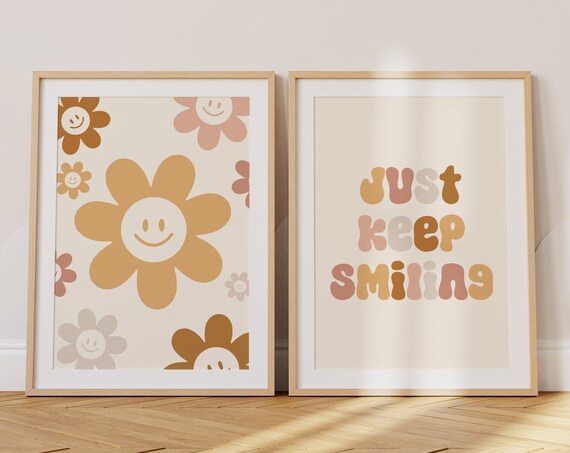 Retro Daisy Smiley Face Just Keep Smiling Girls Poster Set Of Two