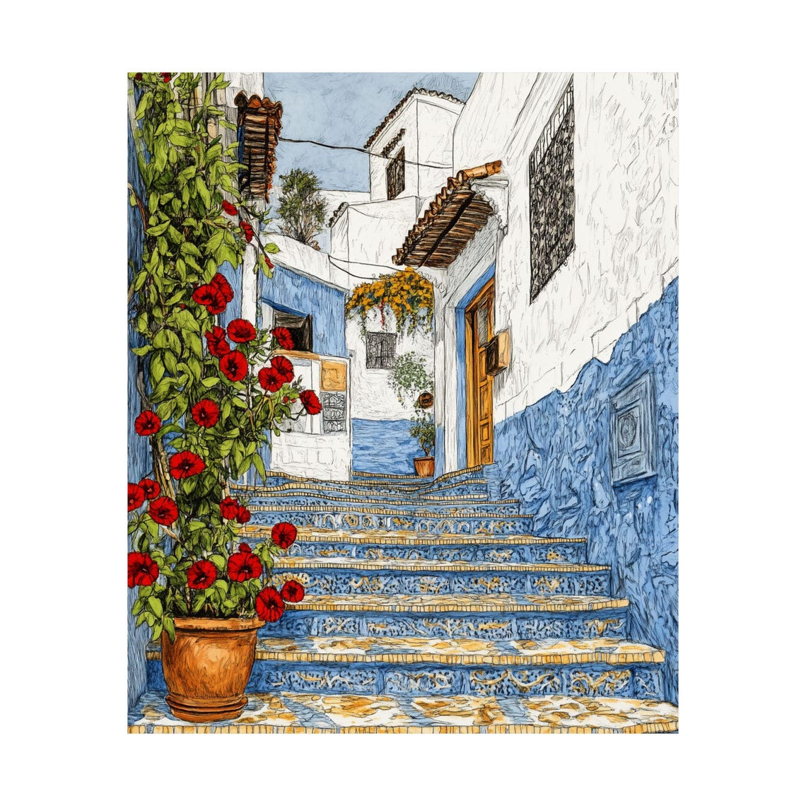 Moroccan Blue Alley Staircase with Red Geraniums Ink Drawing Poster - Image 5