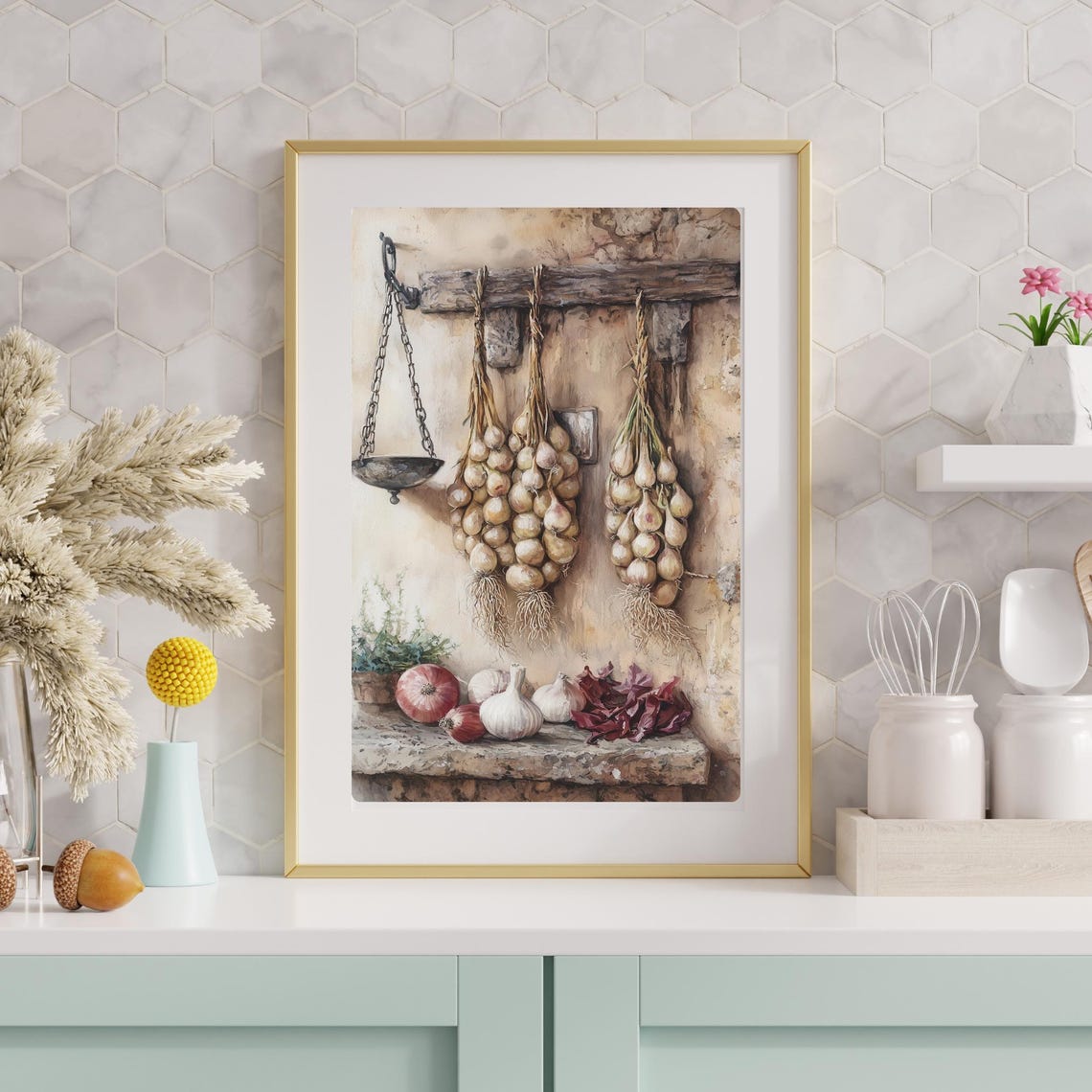 Hanging Onion Garlic Braids Rustic Pantry Farmhouse Still Life Poster - Image 2