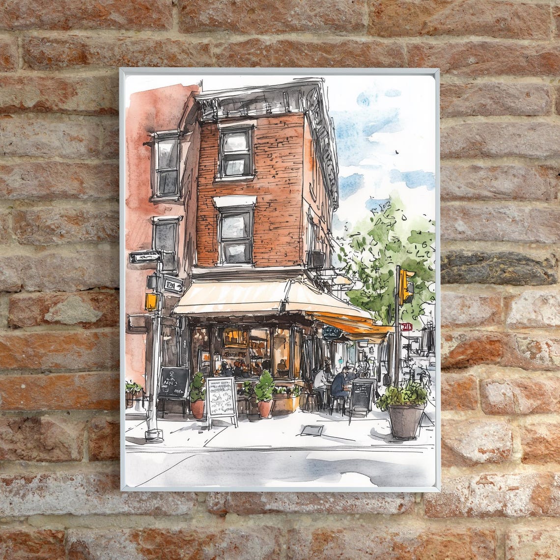Brick Corner Coffee Shop Bustling Urban Street Sketch Poster - Image 6