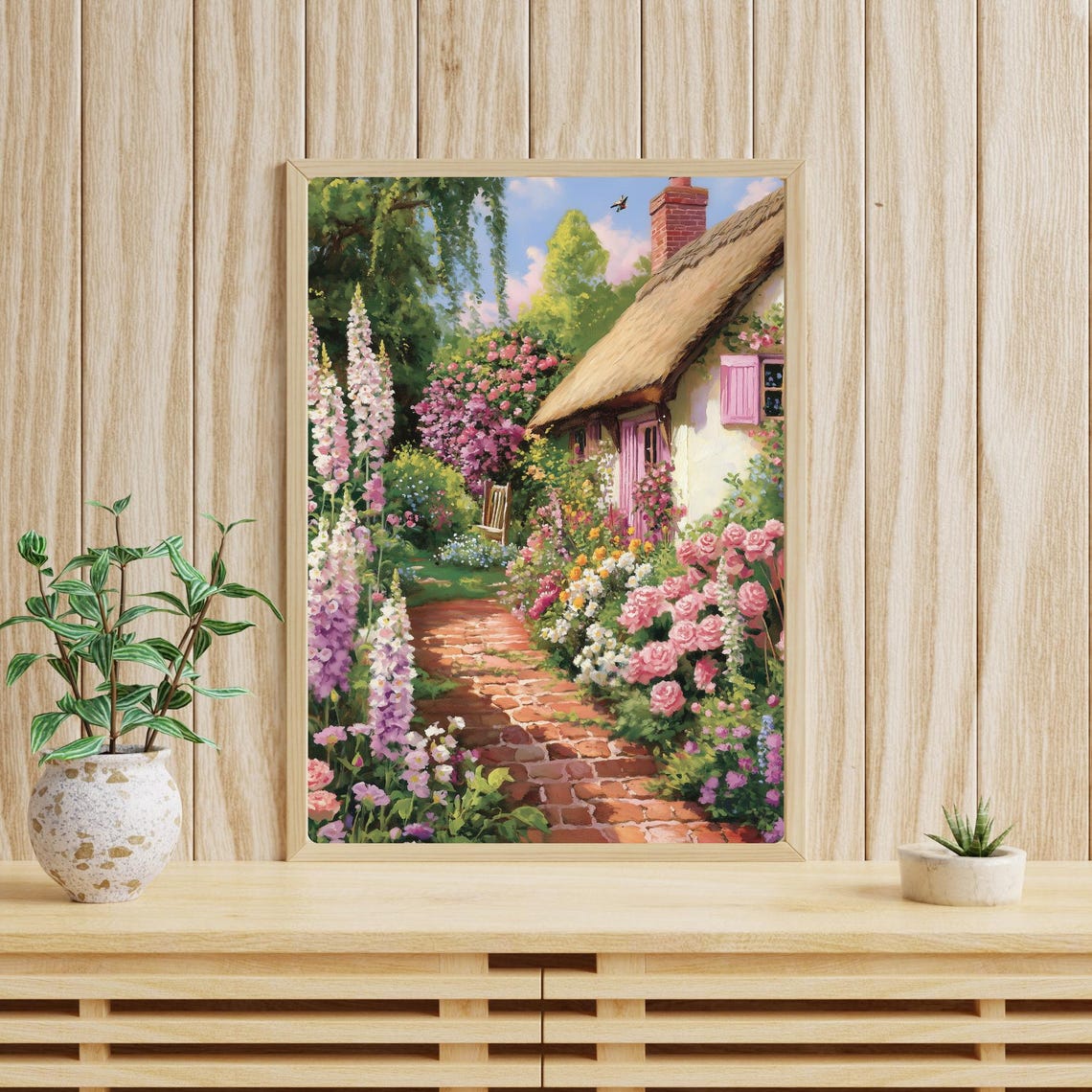 Thatched Cottage Brick Path Foxgloves Roses Country Garden Print - Image 3