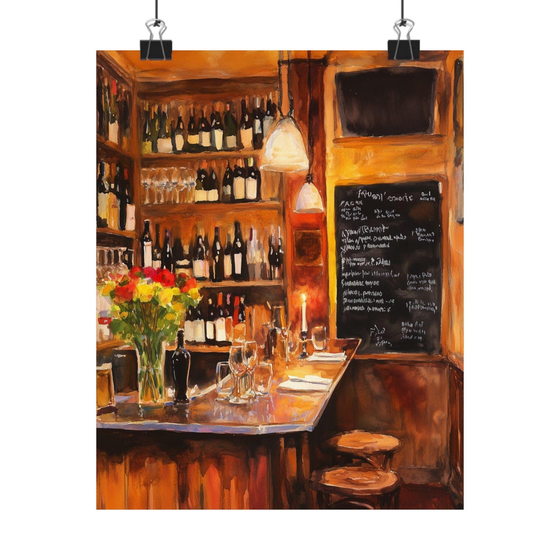 Parisian Wine Bar with a Candlelit Counter and Menu Art Print