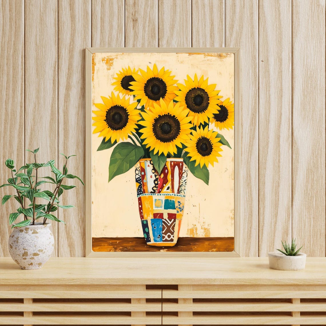 Bright Sunflowers in Patchwork Vase Cheerful Summer Floral Poster - Image 4