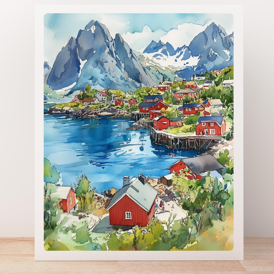 Reine Norway Lofoten Islands Red Cabins Fjord Watercolor Poster - Image 6